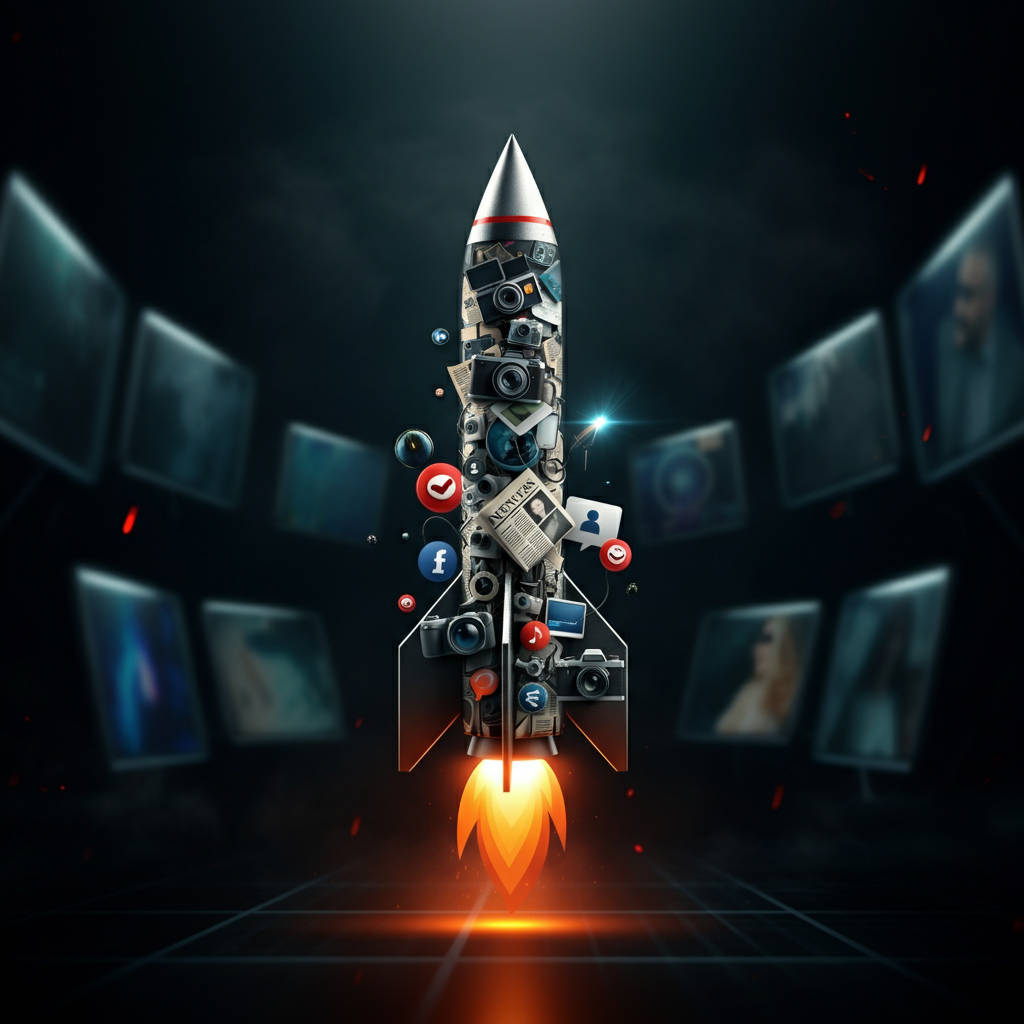 "An artistic illustration of a rocket constructed from media elements such as microphones, cameras, social media icons, and newspapers, symbolizing the weaponization of propaganda. The background features a dark, atmospheric setting with smoke, blurred cityscapes, and glowing screens, emphasizing the power of communication in modern warfare."
