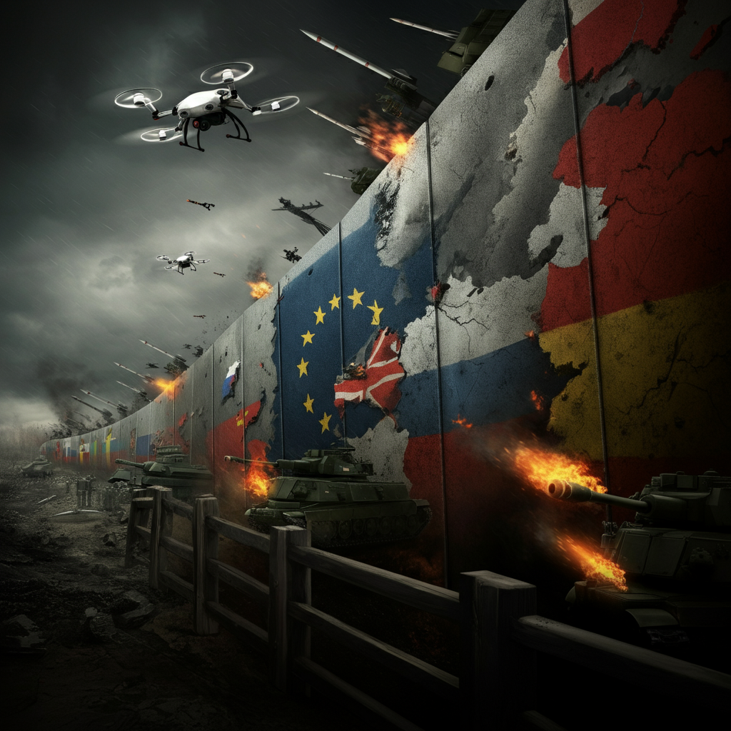 The image "European Wall Against Russian Threat" depicts a dramatic scene of a war-torn landscape with a massive, damaged wall symbolizing Europe's defense against Russian aggression. The wall is adorned with European flags, under attack by tanks, drones, and missiles, highlighting geopolitical conflict and the absence of U.S. support.