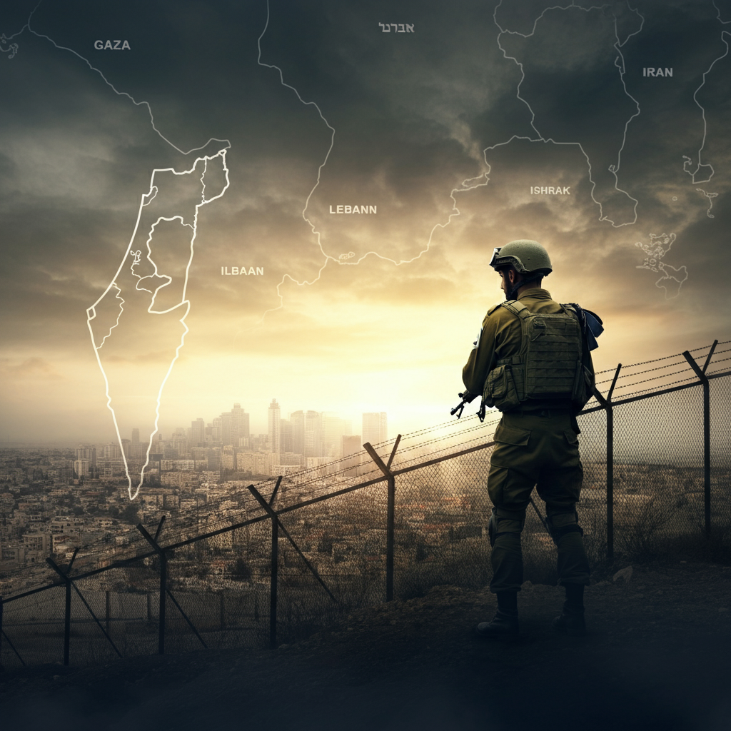 An Israeli soldier stands vigilantly at a border fence, symbolizing defense and protection, with a city skyline in the background representing civilian life. In the distance, a shadowy figure looms, symbolizing the threat of terrorism, while faint outlines of maps highlight regions like Gaza, Lebanon, and Iran. The scene is illuminated by a sunrise breaking through clouds, evoking resilience, hope, and the fight for peace.