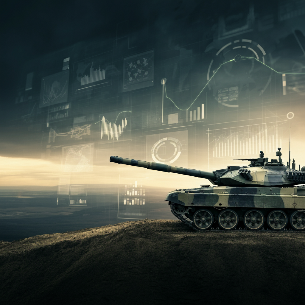 A modern Israeli tank positioned on elevated terrain, symbolizing strength and vigilance. The background features abstract glowing digital elements, representing intelligence and strategic operations, with a color palette of deep blues, grays, and muted golds conveying resilience and sophistication.