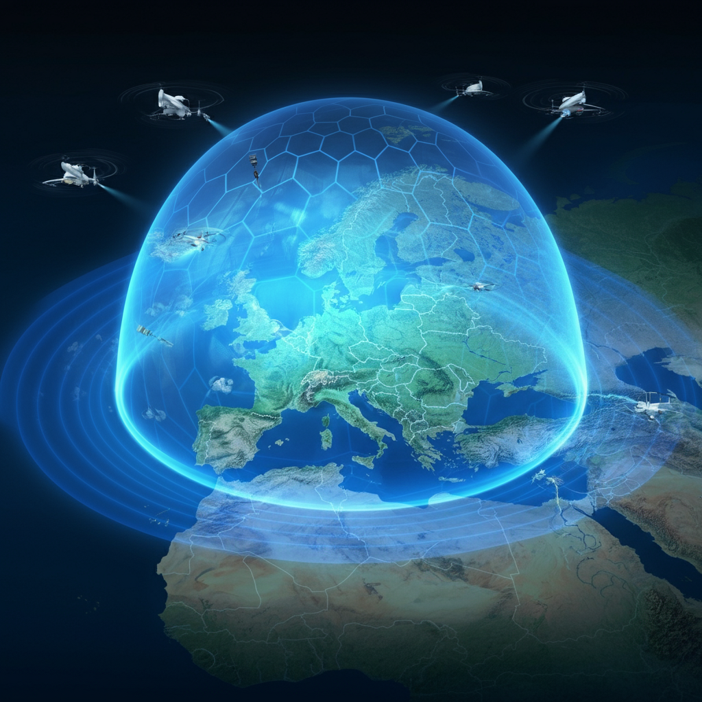 Illustration d'une carte centrée sur la région allant de la France à la Russie, montrant un bouclier de défense lumineux et hexagonal renforcé par l'IA autour de l'Europe. Des drones et des missiles patrouillent activement autour du bouclier, symbolisant une sécurité technologique avancée et une défense stratégique.