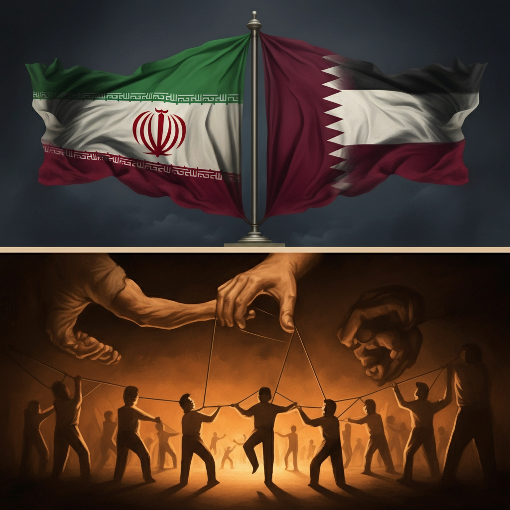 "Illustration depicting the flags of Qatar and Iran manipulating the Palestinian flag as a puppet, symbolizing geopolitical exploitation. In the background, Israel and Western nations stand resilient, representing unity and resistance against manipulation."