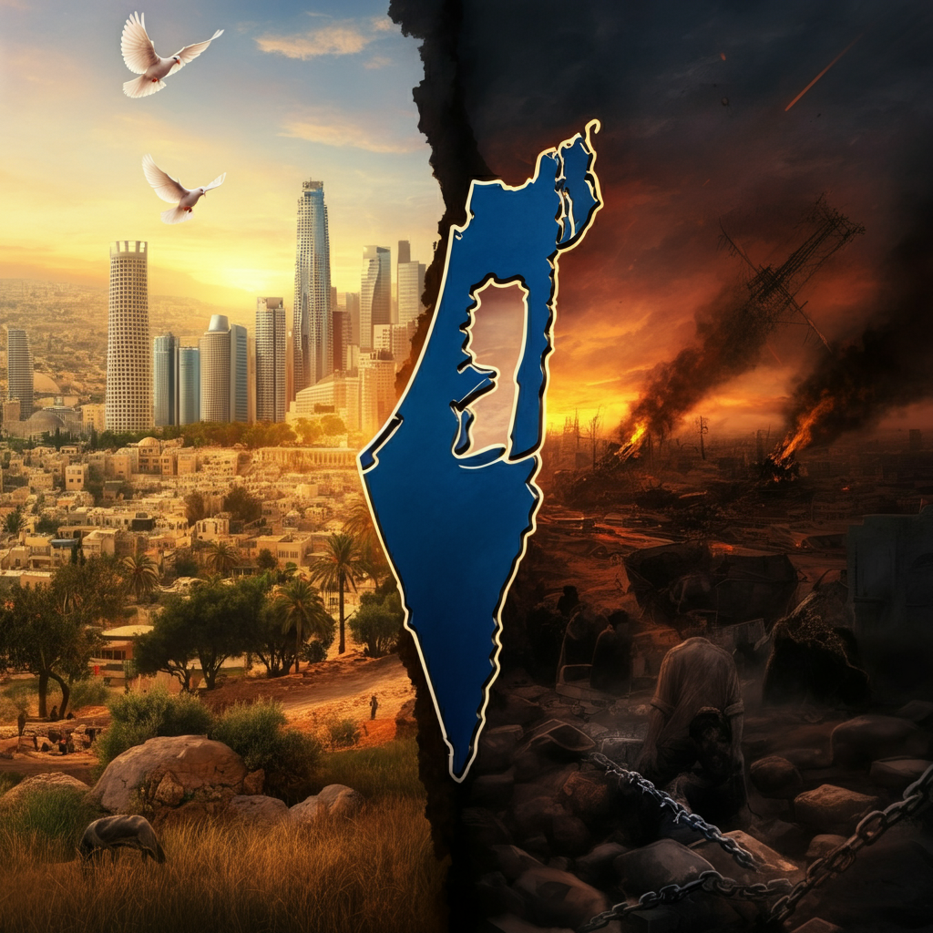 The image depicts a stark contrast between a prosperous, peaceful city symbolizing Israel's progress and hope, and a war-torn, desolate landscape representing the destruction caused by Hamas. The two scenes are divided by a map of Israel/Palestine, symbolizing the ongoing conflict and the divide between hope and devastation. Bright, hopeful colors highlight the peaceful side, while dark, ominous tones dominate the chaotic side.