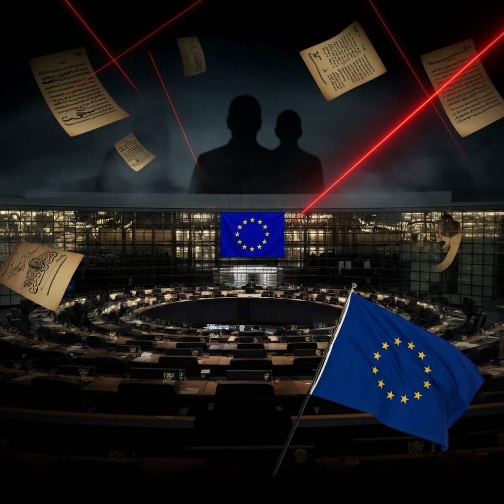 The image depicts a dramatic and realistic scene of a European Union institution, such as the European Parliament, under the influence of the Muslim Brotherhood. Shadowy figures loom in the background, glowing red laser lines connect various elements, and floating documents with subtle Arabic script emphasize external interference. The EU flag is prominently displayed, symbolizing the targeted institution. The overall tone is dark and urgent, with red and gold accents highlighting the gravity of the threat.