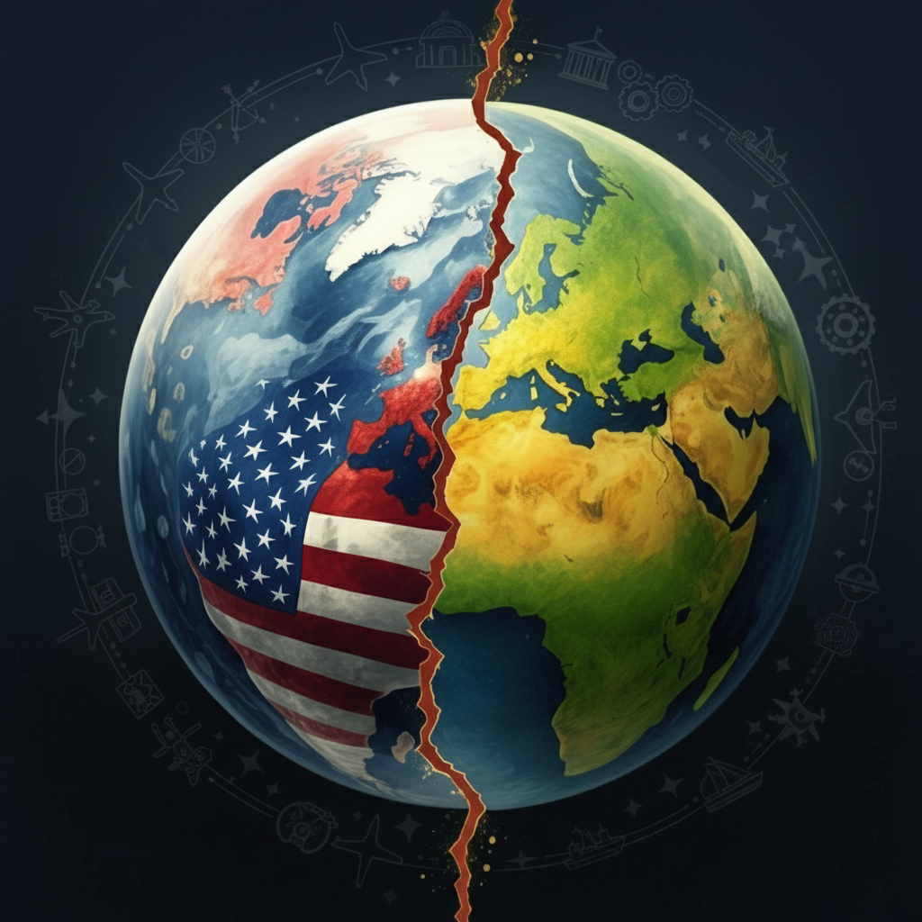 Illustration of a globe split by a jagged crack, with one half featuring the US flag and the other showing natural earth, symbolizing global division and geopolitical tension