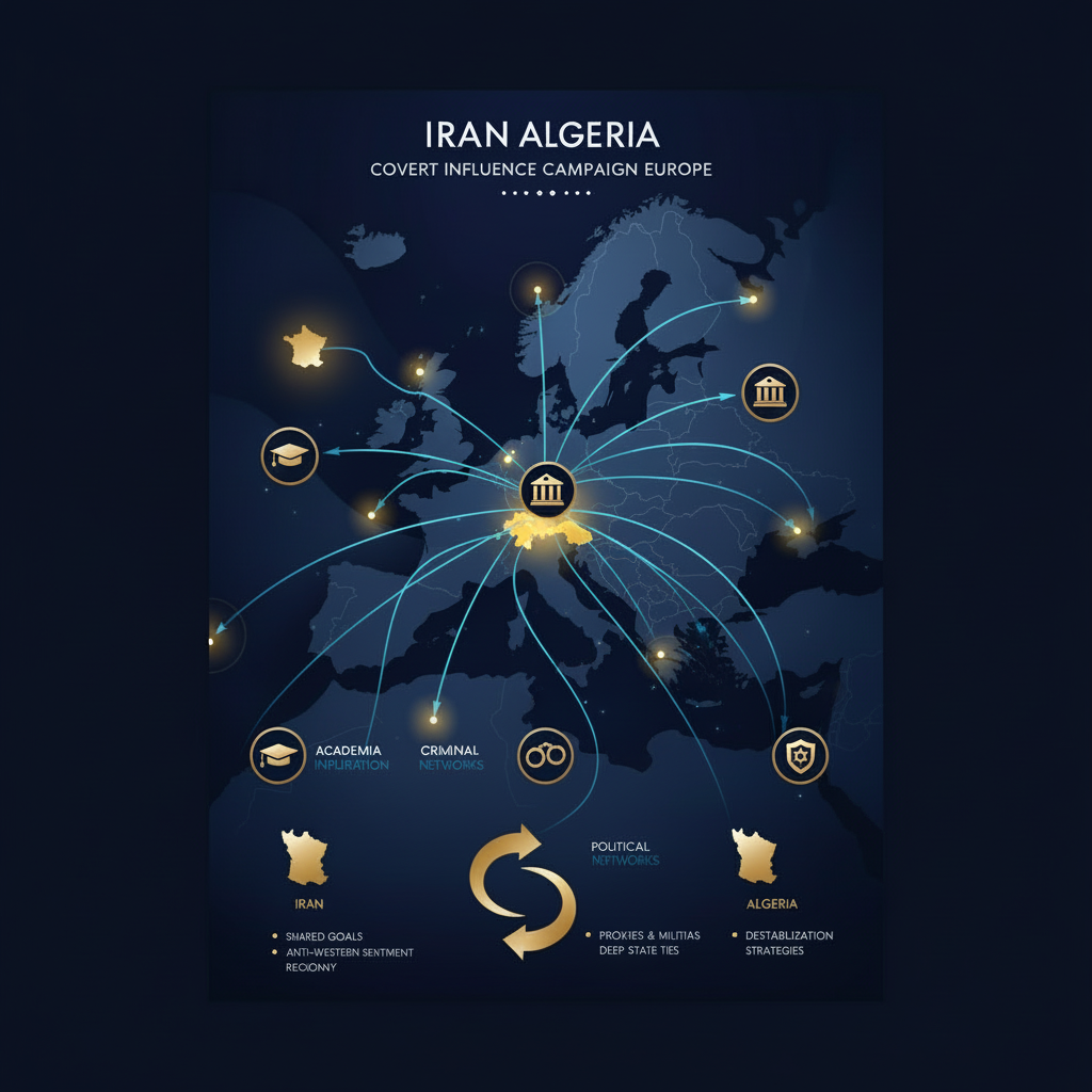 "Infographic visualizing Iran's covert influence campaign in Europe and its alliance with Algeria. Features a detailed map of Europe with France highlighted, arrows showing influence operations from Iran and Algeria, and icons representing key tactics: academia (graduation cap), criminal networks (handcuffs), targeting Jewish communities (Star of David with a shield), and political infiltration (government building). Includes a section illustrating the shared goals of Iran and Algeria, such as anti-Western sentiment, proxy support, and destabilization strategies, with a sleek d