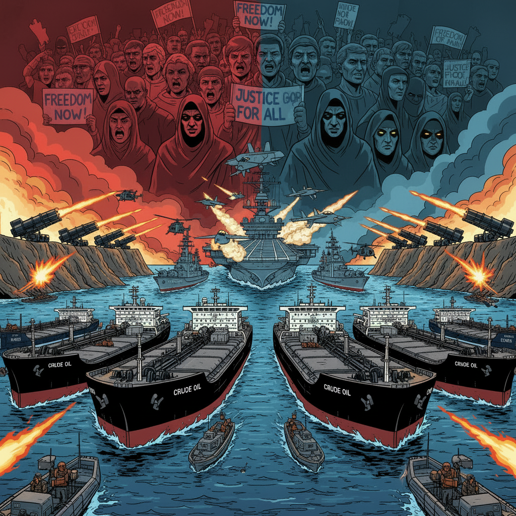"An intense illustration depicting the escalating U.S.-Iran tensions. The Strait of Hormuz is shown with oil tankers under threat, surrounded by Iranian naval forces, patrol boats, and naval mines. A U.S. aircraft carrier group approaches, with jets taking off and helicopters in the air, symbolizing military reinforcement. In the background, a mural-style depiction of protestors holding signs for freedom and justice contrasts with shadowy, menacing figures representing the Iranian regime. The color palette features fiery reds and deep blues, emphasizing conflict and urgency."