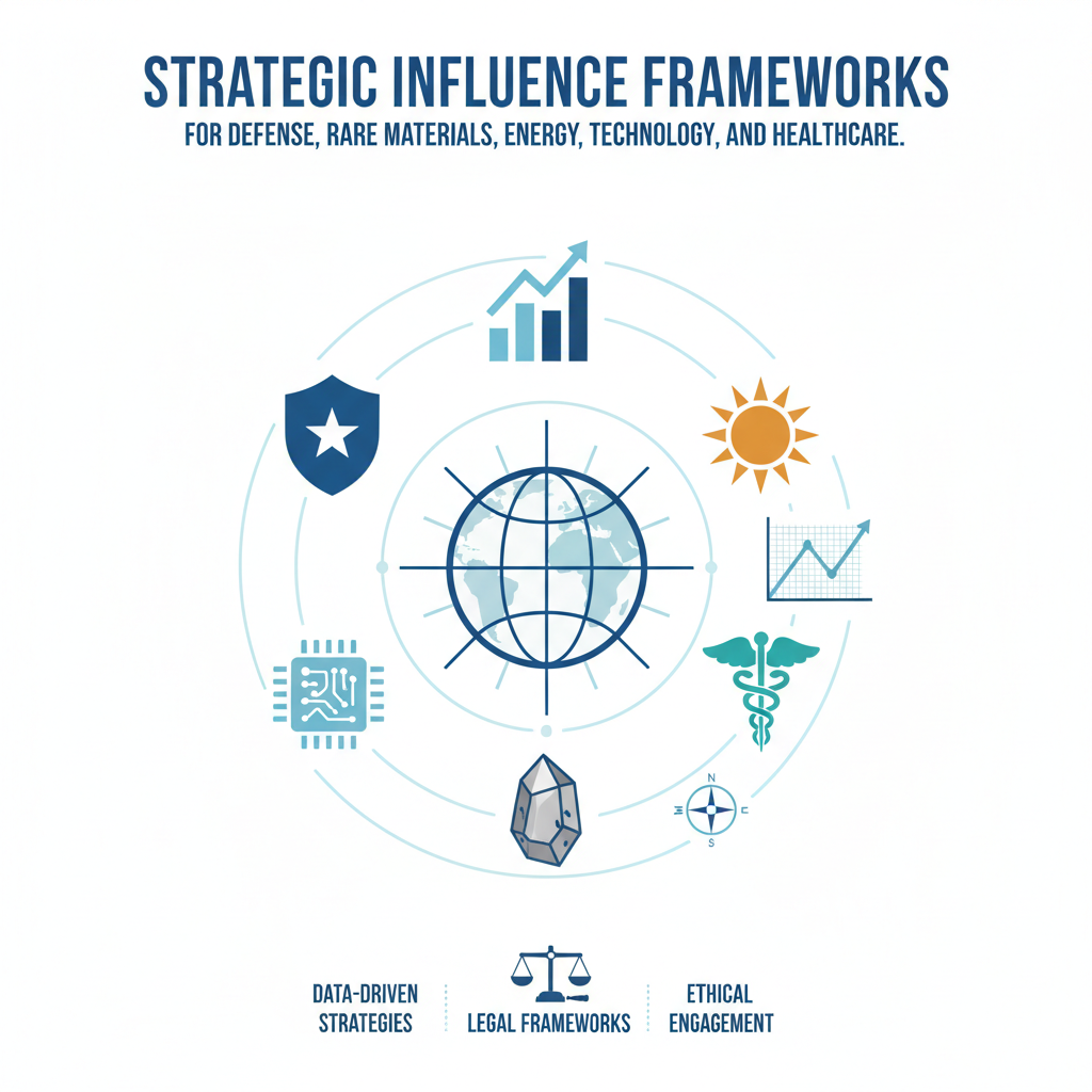 "An infographic illustrating strategic influence frameworks across defense, energy, technology, healthcare, and rare materials, emphasizing data, legal, and ethical engagement."