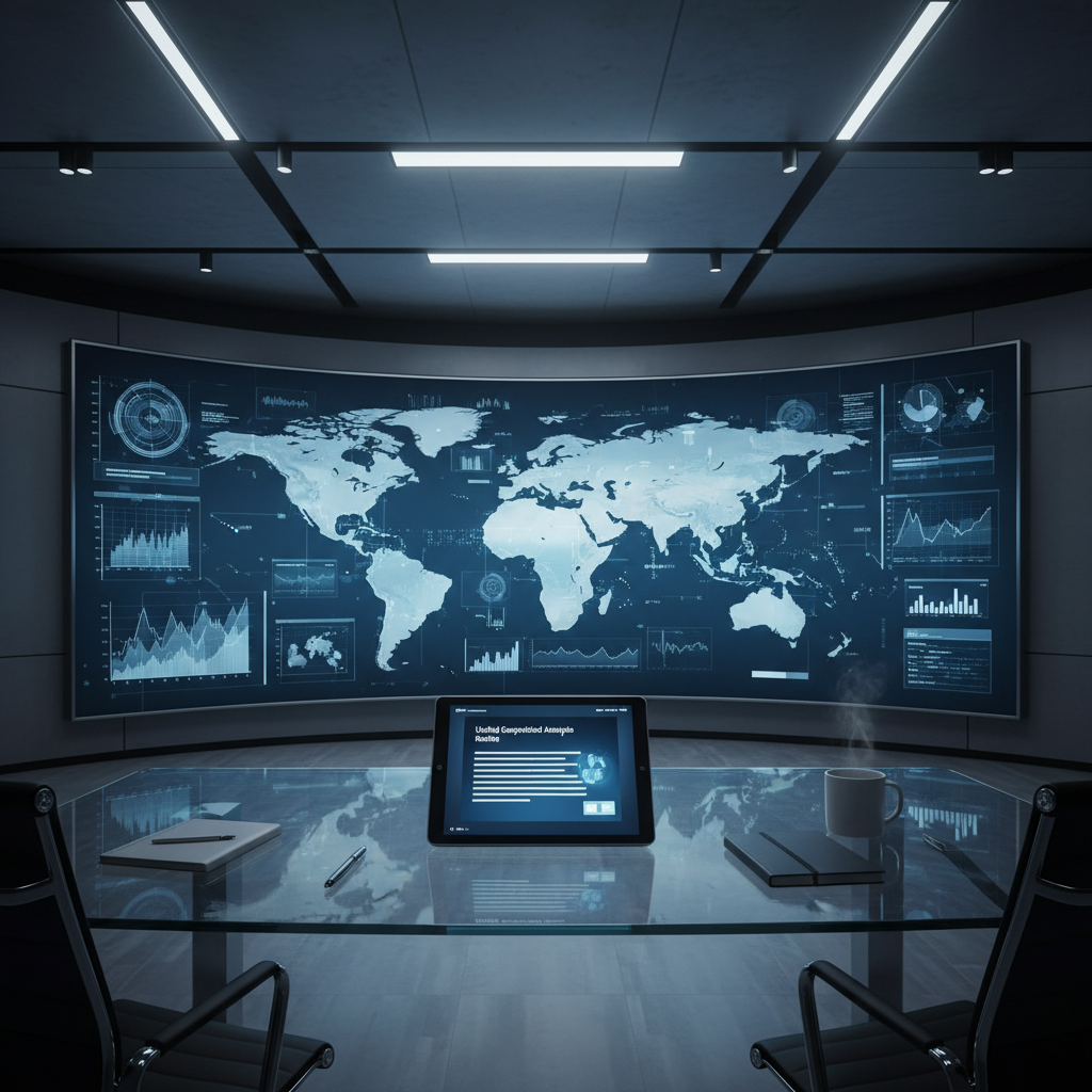 A high-tech command center with a large curved screen displaying a detailed world map and data visualizations. The room is dimly lit with ambient blue and white lighting, creating a focused and professional atmosphere. In the foreground, a sleek glass desk holds a tablet showcasing a digital dossier titled "Unified Geopolitical Analysis Rewrite," surrounded by minimalistic office items like a pen, notebook, and coffee cup. The scene conveys a sense of global strategy and data-driven decision-making.