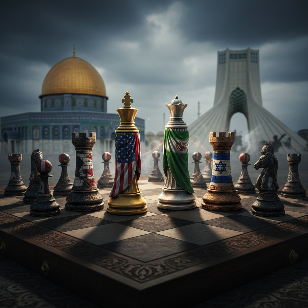 An editorial illustration depicting geopolitical tensions in the Middle East. The scene features a chessboard with symbolic chess pieces representing major powers like the United States, Iran, and Israel. Iconic landmarks and national flags are integrated into the background, while interconnected shadows symbolize Iranian proxies and regional actors. The atmosphere is serious, emphasizing high stakes and regional instability, rendered in a photorealistic style suitable for news or political analysis.