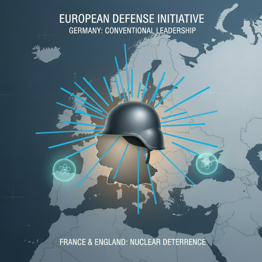 "An infographic illustrating Germany's leadership in European conventional rearmament, represented by a modern military helmet positioned slightly off-center on a glowing Europe. The globe features stylized outlines of European countries, with subtle nuclear symbols near France and England to signify their nuclear capabilities. The composition uses a professional, minimalist style with muted grays, blues, and metallic tones, emphasizing Germany's strategic role in European defense."