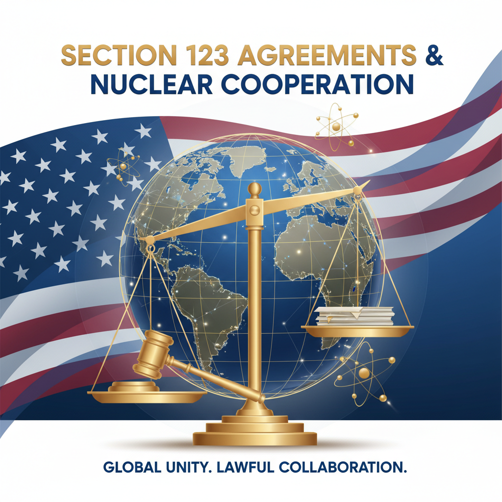 Illustration depicting global nuclear cooperation and legal agreements, symbolized by scales of justice, a globe, and the US flag, conveying balance and international law.