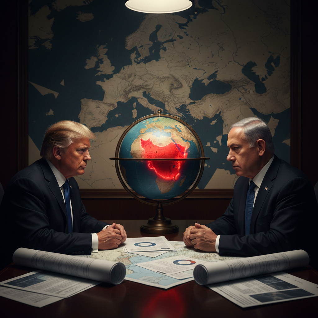 "Donald Trump and Benjamin Netanyahu engaged in a serious discussion at a table with maps and documents, symbolizing strategic planning for a potential strike on Iran. In the background, a distressed Iranian population under threat is depicted, symbolizing the ongoing massacre, while a fragmented and fading Europe looms in the distance, representing its absence from the debate. The scene is set with dark, moody tones and a faint light symbolizing hope and rescue."