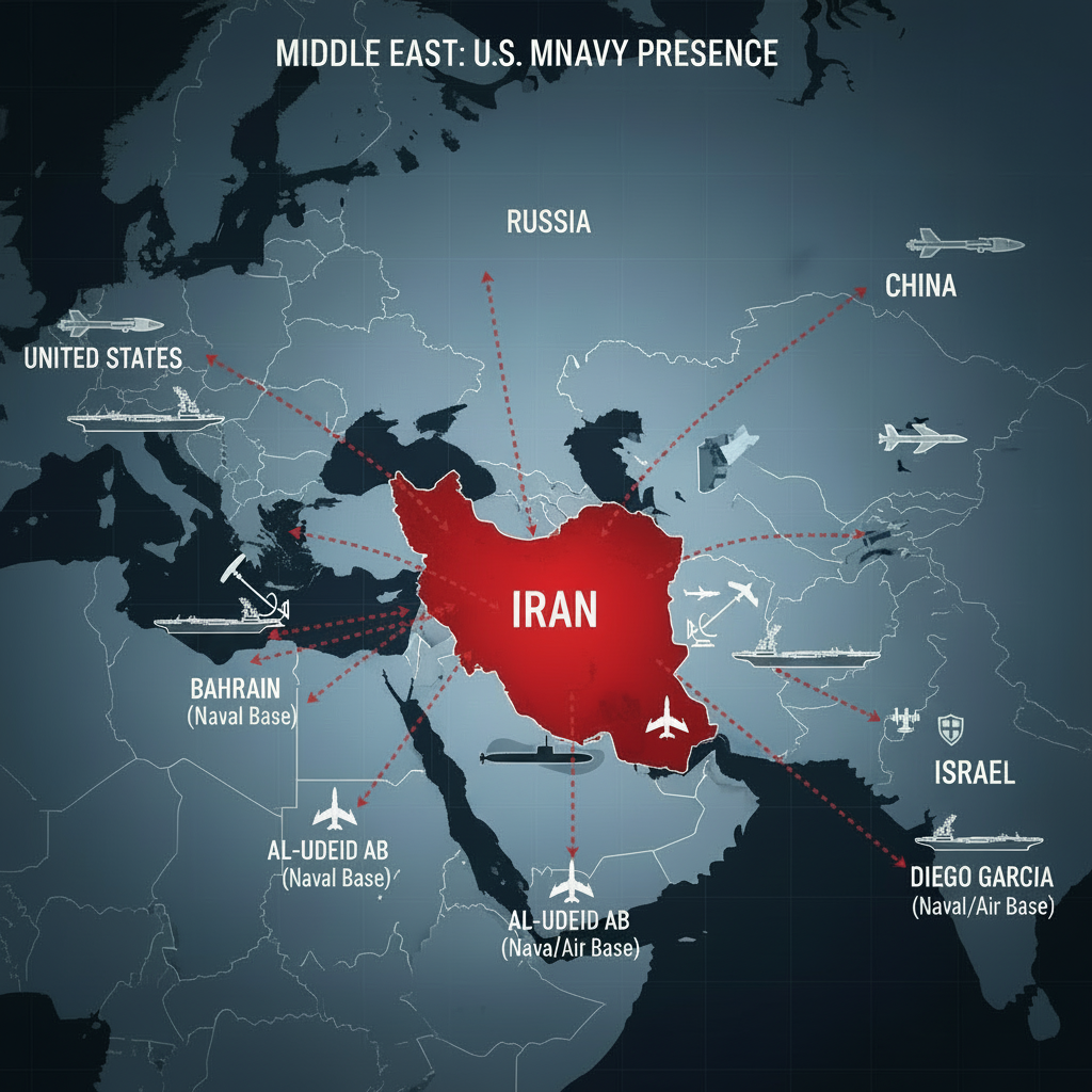 "Carte géopolitique du Moyen-Orient mettant en évidence l'Iran et la présence stratégique des bâtiments de la Navy américaine, incluant des porte-avions, destroyers et sous-marins positionnés dans des zones clés comme le Golfe Persique et l'océan Indien. Style moderne avec des couleurs sobres bleu, gris et rouge."