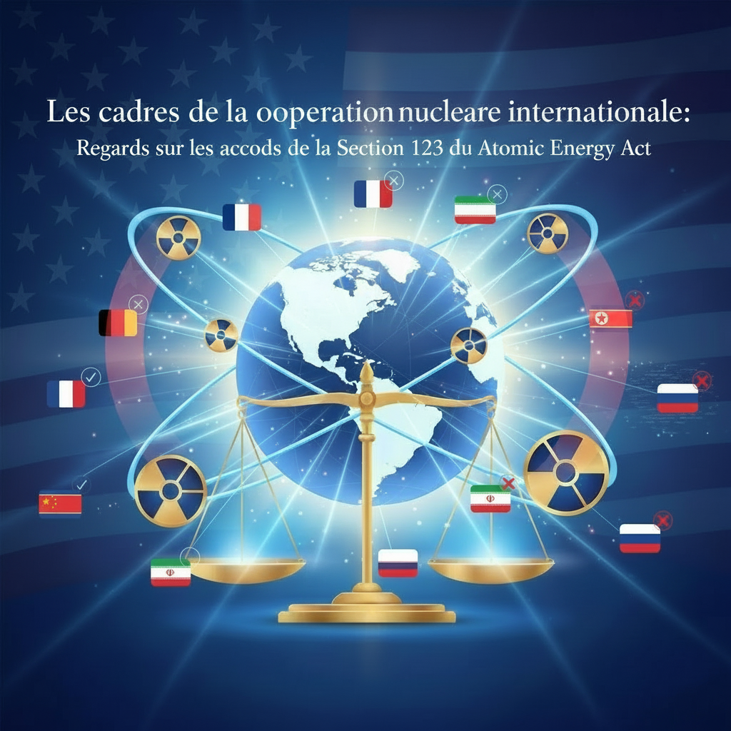 The image depicts global nuclear cooperation and regulation, symbolized by a globe on scales, national flags, and nuclear symbols, set against a US flag backdrop. It visually contrasts cooperative countries with glowing connections and non-cooperative ones with subtle barriers, emphasizing the dynamics of international nuclear agreements.