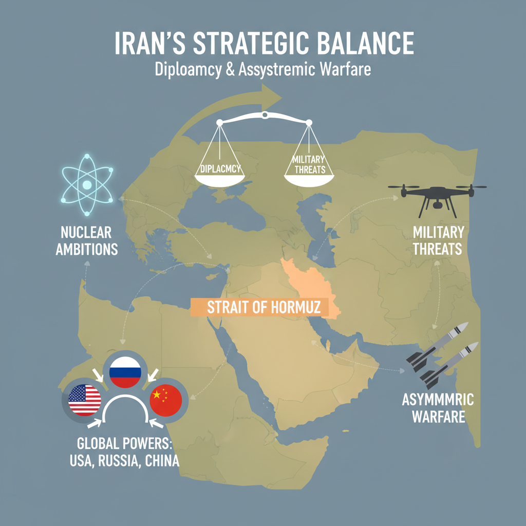 ran Strategy Infographic: A professional visual representation of Iran's strategic balance, featuring elements like a nuclear symbol for its nuclear ambitions, a map of the Middle East highlighting the Strait of Hormuz, military equipment such as drones and missiles for asymmetric warfare, and flags of global powers (USA, Russia, China) to depict geopolitical positioning
