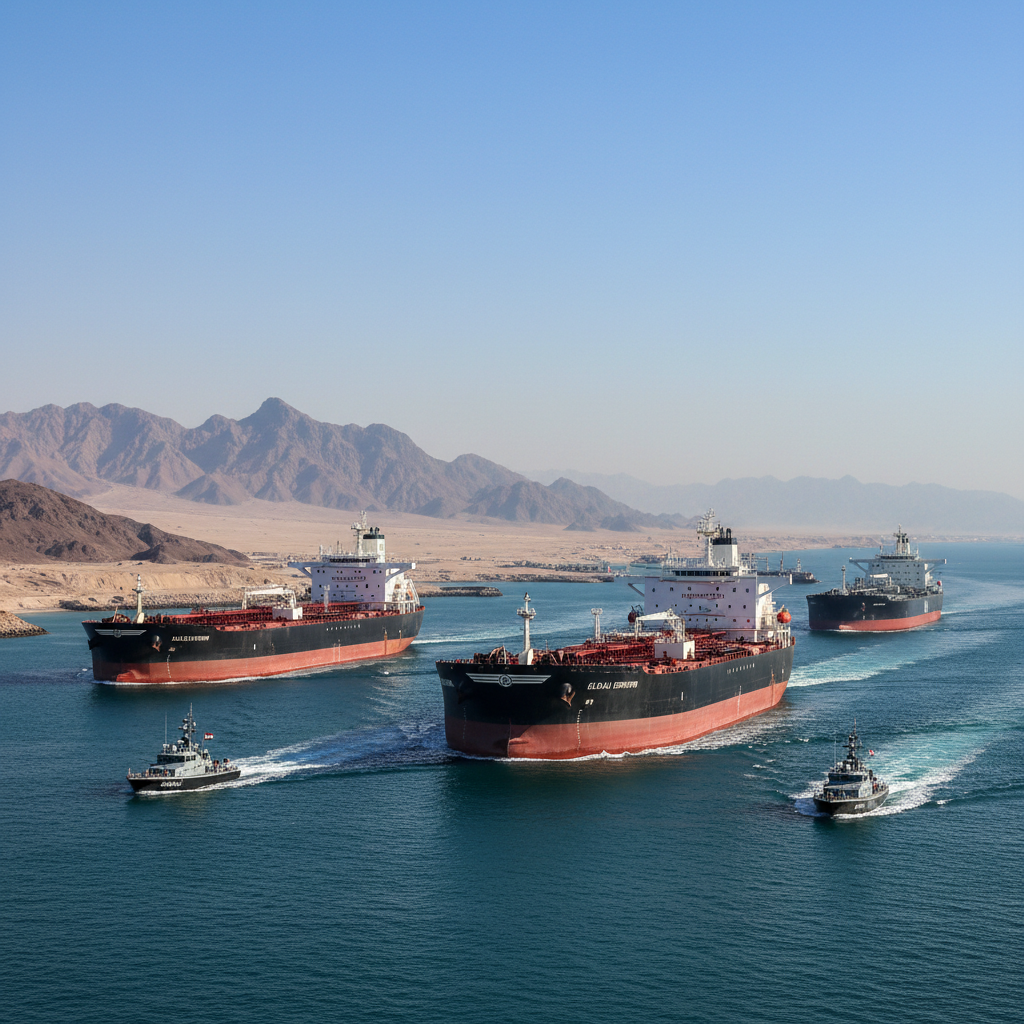 Multiple boats navigating through the calm waters of the Strait of Hormuz, surrounded by a vast expanse of sea and distant landforms under a clear sky.