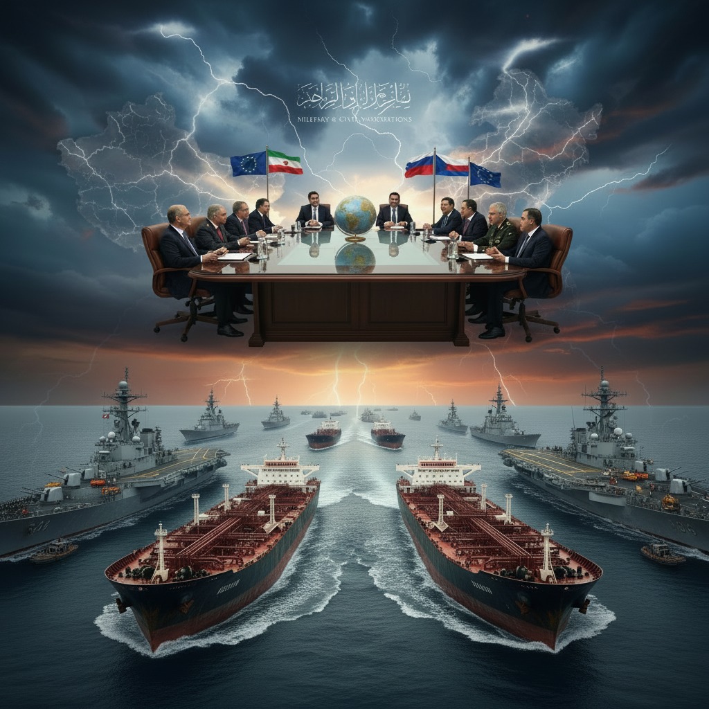 A dramatic composite image depicting high-stakes geopolitical discussions under a stormy sky, juxtaposed with a powerful naval fleet and oil tankers at sea, symbolizing global power dynamics and strategic tensions. Shadows of China and Russia loom in the background, representing their readiness to intervene with Iran