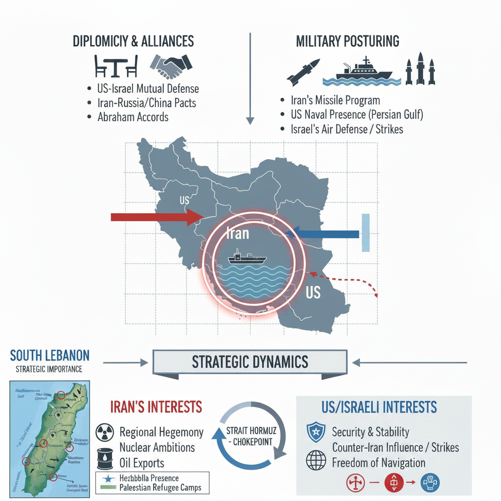 Infographic detailing geopolitical dynamics around Iran, highlighting strategic interests, military postures, and alliances between key global and regional actors, with a focus on South Lebanon