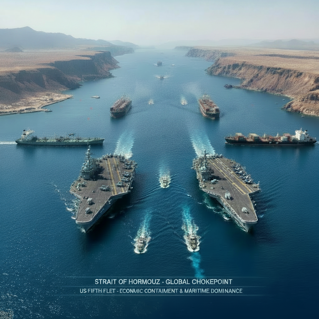 A high-resolution aerial view of the Strait of Hormuz, showcasing two massive aircraft carriers and their escorts alongside commercial vessels. The scene highlights global trade routes and military dominance, with no flags or emblems present, emphasizing the strategic importance of the maritime chokepoint
