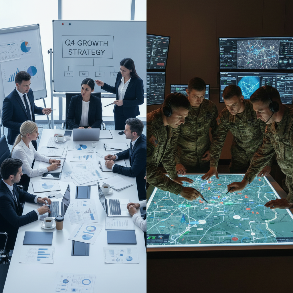 Comparison of business and military strategies depicted in a split-screen image. On the left, a corporate boardroom with executives strategizing using laptops, charts, and a whiteboard. On the right, a military command center with officers planning operations, featuring digital maps, tactical gear, and communication devices. The image highlights the tools and environments unique to each context with vibrant colors and sharp details