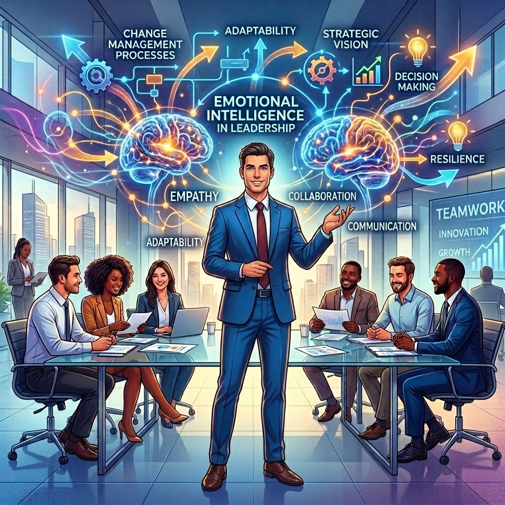 The alt text for the image is: "An illustration of a male leader standing confidently in a modern office, surrounded by glowing brain diagrams and business icons representing emotional intelligence, leadership, and team collaboration