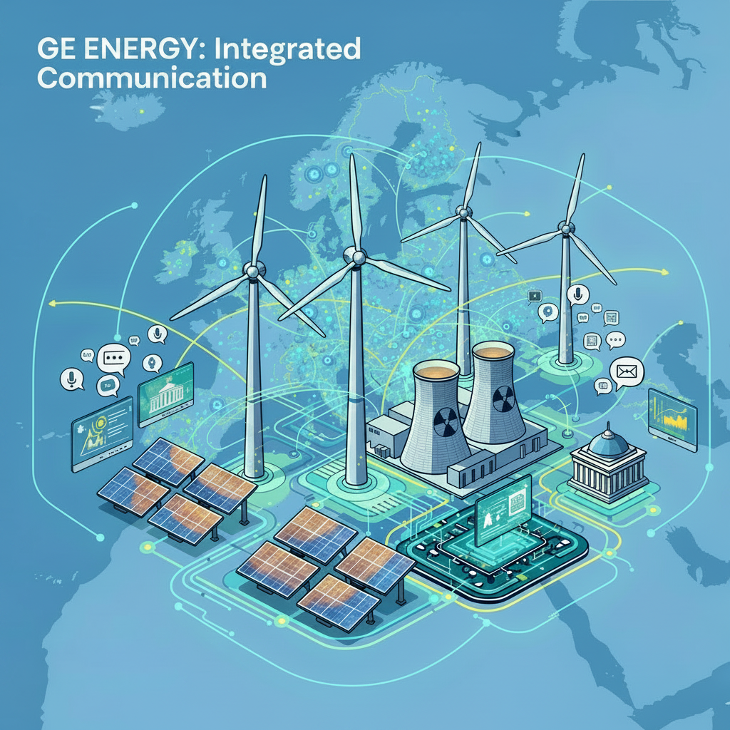 A professional illustration showcasing GE Energy's integrated communication strategy. The image features detailed and polished representations of wind turbines, solar panels, nuclear plants, and smart grids, symbolizing diverse energy solutions. Communication icons like speech bubbles, digital screens, and government buildings are prominently displayed, representing collaboration with institutions and media. The background includes a refined map of Europe with glowing nodes and connecting lines, emphasizing regional and local engagement. The design is sleek, modern, and visually striking, with a cohesive color palette and realistic textures