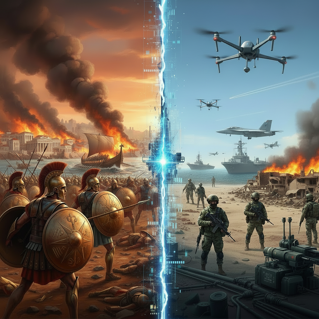 The image depicts a split composition contrasting the Peloponnesian War and the US-Iran conflict. On the left, ancient Greek warriors in detailed bronze armor are shown amidst a burning city with vivid flames and smoke. On the right, modern military forces, including the US Navy with warships, aircraft carriers, and drones, are set against a Middle Eastern desert landscape. A destroyed and burning section of Iran is depicted with realistic ruins, intense fire, and billowing smoke. The two sides are divided by a glowing digital rift, symbolizing the evolution of conflict over time