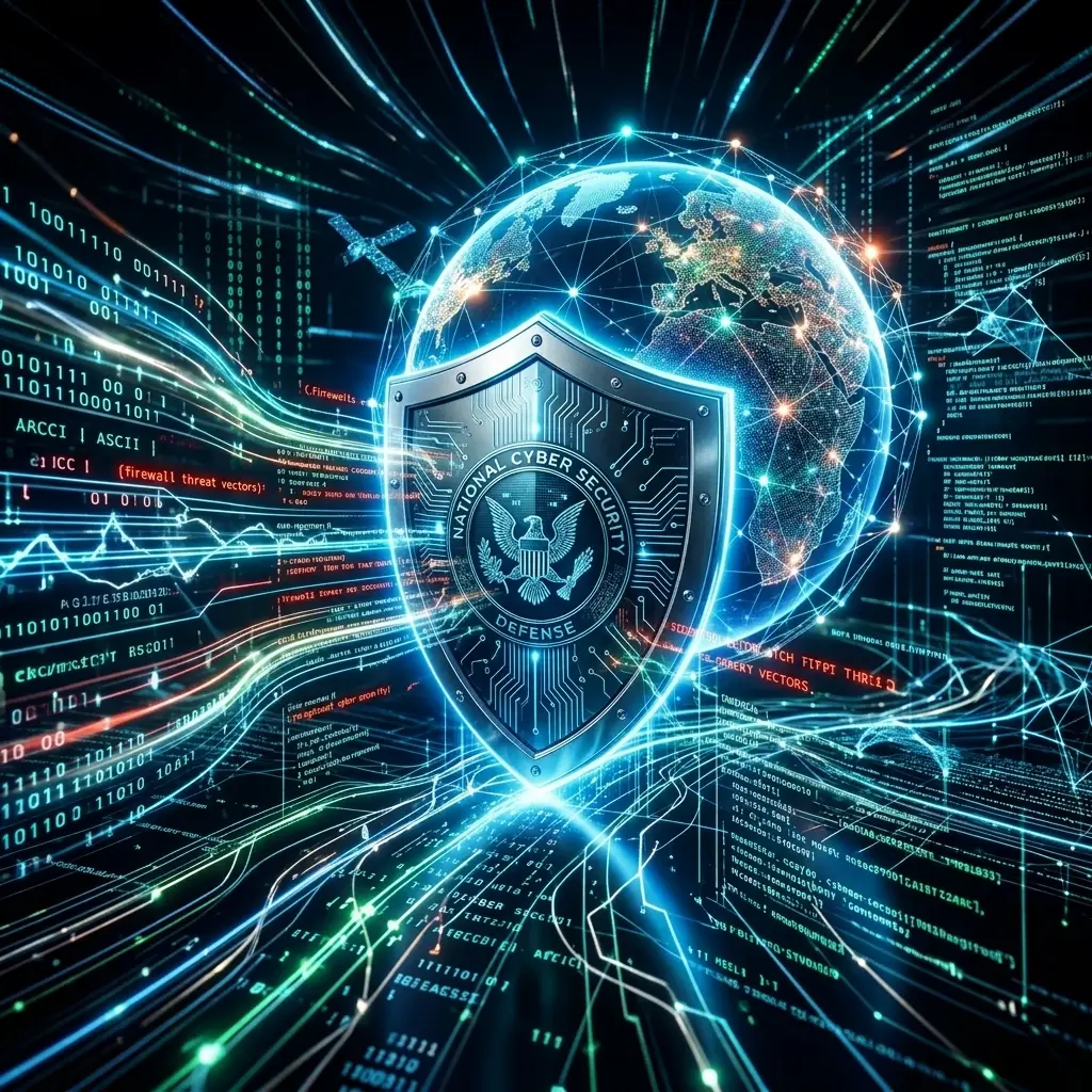 High-contrast digital illustration of cyber warfare and national security, featuring a metallic shield with a national emblem, a glowing interconnected globe, and streams of binary code symbolizing cyber defense and global impact