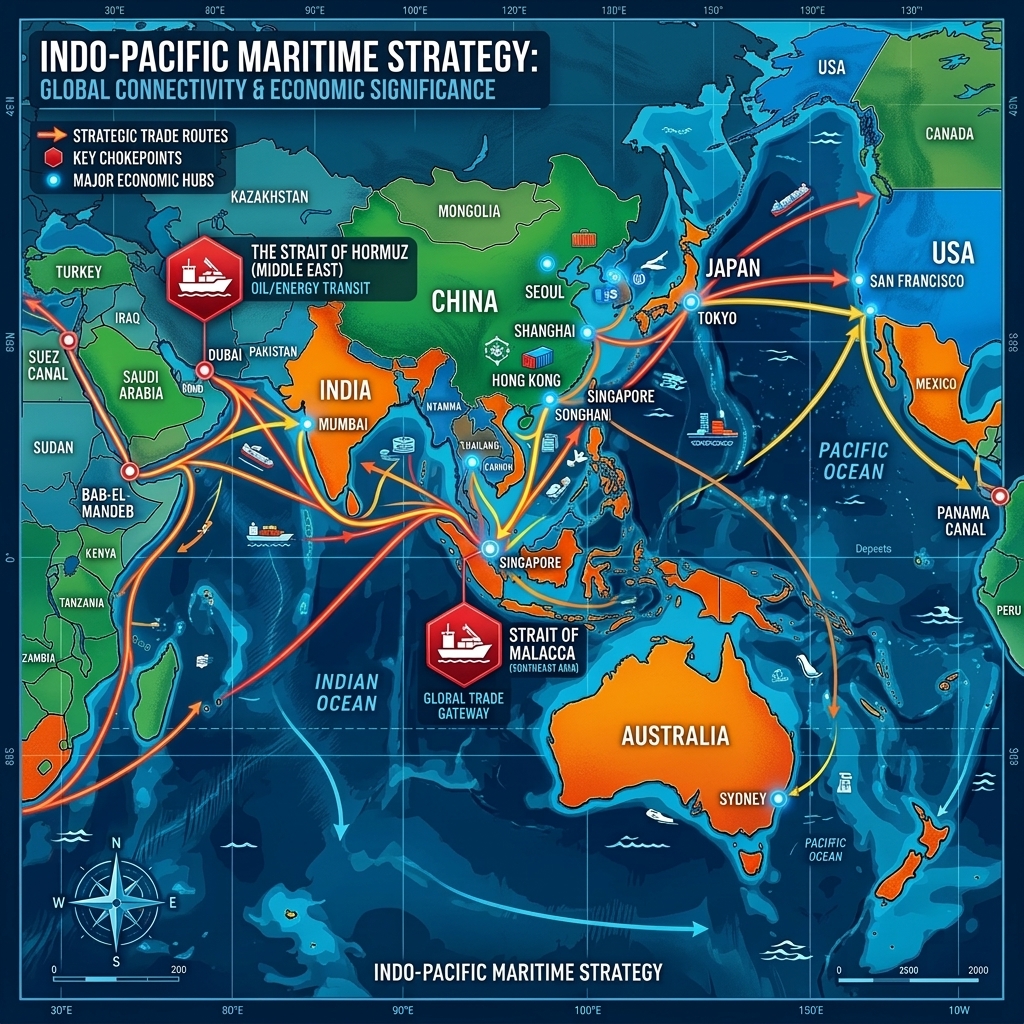 High-contrast infographic map illustrating the Indo-Pacific maritime strategy, highlighting global trade routes, key economic hubs, and critical maritime chokepoints for international commerce
