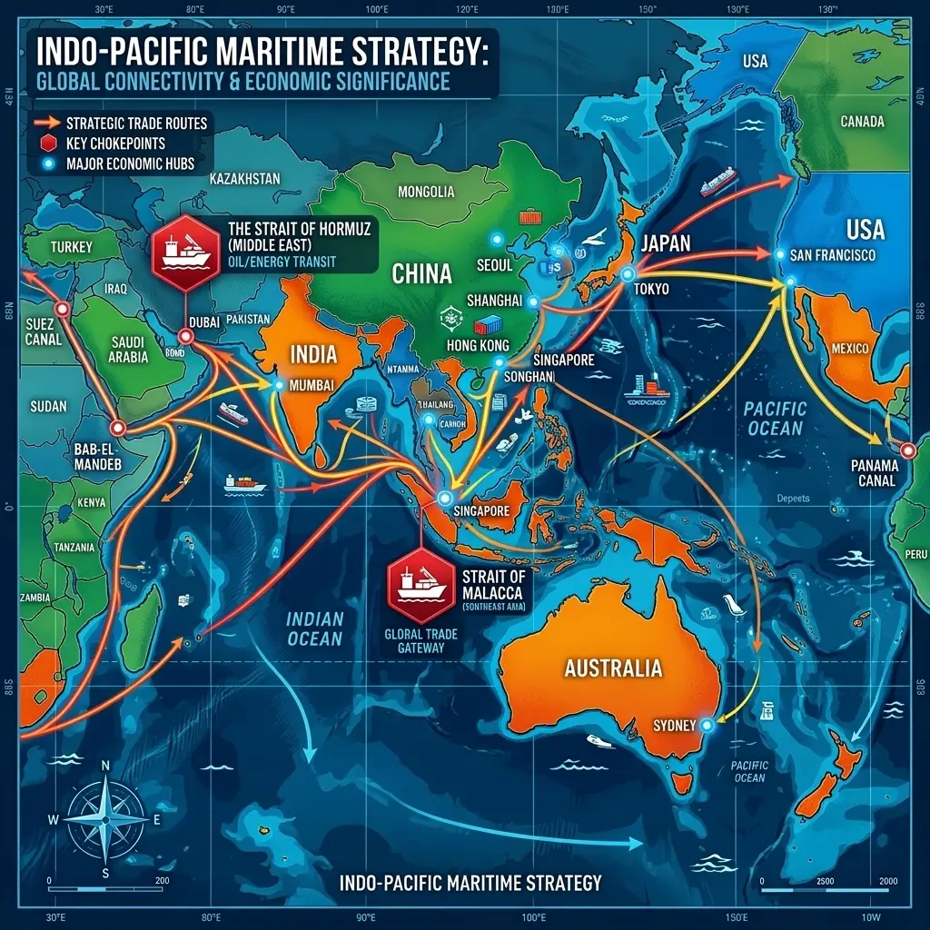 High-contrast infographic map illustrating the Indo-Pacific maritime strategy, highlighting global trade routes, key economic hubs, and critical maritime chokepoints for international commerce