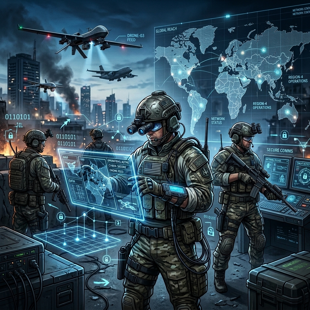 Digital illustration of a high-tech military unit coordinating global operations via holographic interfaces and drone surveillance in a war-torn urban environment, emphasizing tactical superiority