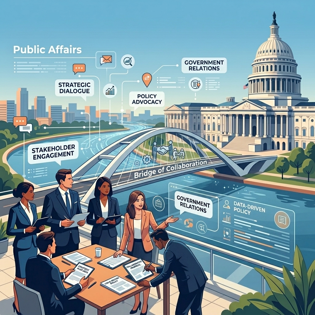 An enhanced illustration depicting public affairs and policy, featuring a government building in the background, business professionals actively collaborating, and a symbolic bridge connecting the private sector to government. The style is clean, modern, and visually striking