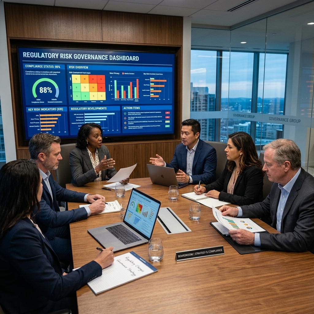 Professional boardroom scene showcasing diverse executives collaborating on regulatory risk governance, with a digital dashboard displaying compliance metrics, emphasizing strategic oversight, accountability, and teamwork.