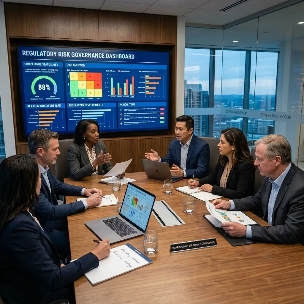 Professional boardroom scene showcasing diverse executives collaborating on regulatory risk governance, with a digital dashboard displaying compliance metrics, emphasizing strategic oversight, accountability, and teamwork.
