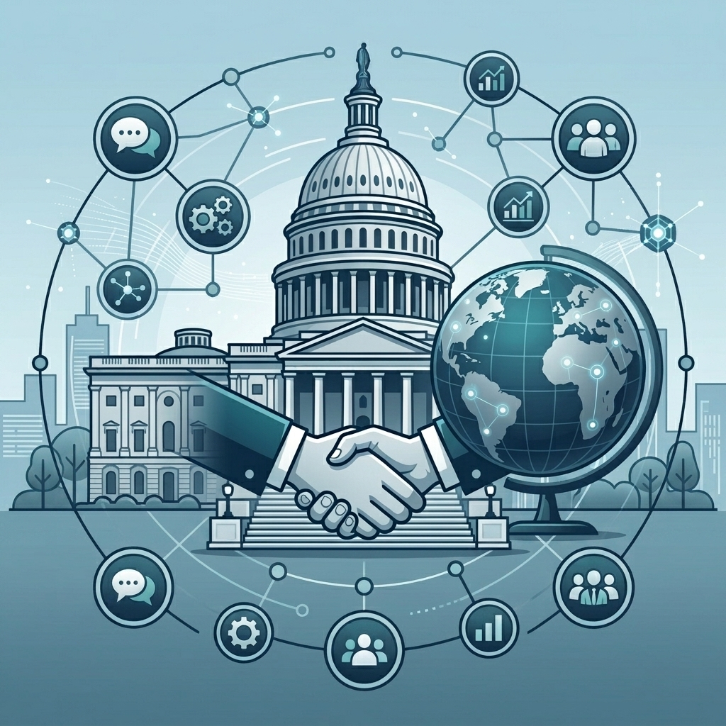 n illustrative graphic featuring a handshake in front of the US Capitol building and a globe, surrounded by a digital network of icons, symbolizing global diplomacy, governance, and connectivity