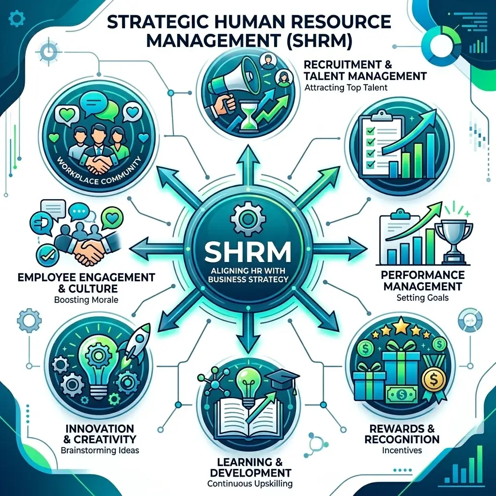An enhanced infographic illustrating Strategic Human Resource Management (SHRM) as a central hub connecting key business functions like recruitment, performance management, rewards, learning, and innovation. The design features increased contrast and highlighted details for better visibility.