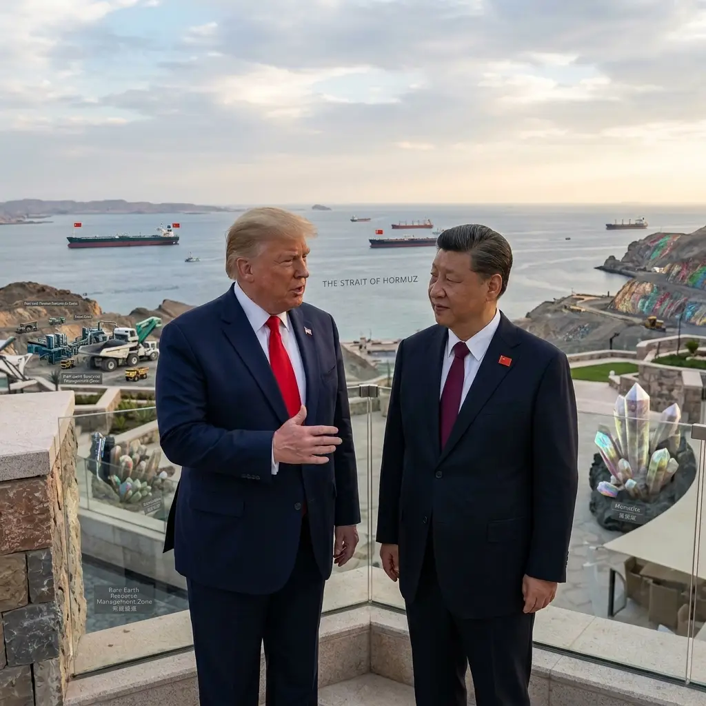A high-resolution image depicting a diplomatic meeting between Donald Trump and Xi Jinping, set against the backdrop of the Strait of Hormuz. The scene features oil tankers navigating the strait and visual elements representing rare earth minerals, such as crystalline structures and mining equipment. The composition highlights the geopolitical significance of energy and critical resources, with sharp and vivid details emphasizing the professional and symbolic atmosphere