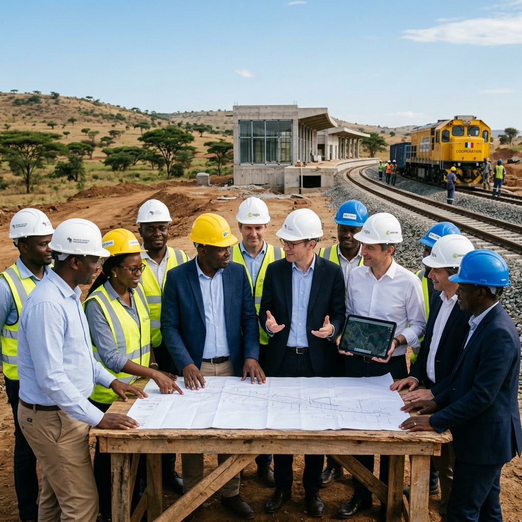 A professional photograph of a diverse team of engineers and officials reviewing blueprints at a construction site for a new railway, with a yellow locomotive visible in the background.