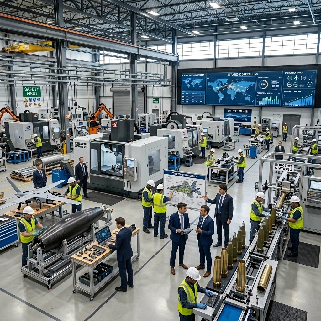 A high-angle photograph of a modern, high-tech defense manufacturing facility, showcasing a blend of industrial automation, precision engineering, and strategic corporate oversight in a clean, bright space