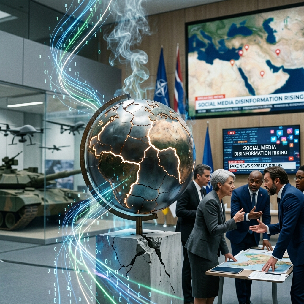 A realistic depiction of global security challenges in the post-American era, featuring a fractured globe surrounded by digital data streams, military equipment, and political leaders in intense discussion. The scene includes a blurred map of the Middle East, NATO flags, and a digital screen showing social media disinformation, symbolizing the interplay between traditional military power and modern information warfare