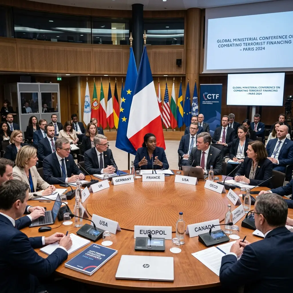 High-level ministerial conference in Paris focused on combating terrorist financing. The image features diverse international delegates seated around a circular table in a formal setting, with the French flag prominently displayed in the background, symbolizing global unity and collaboration