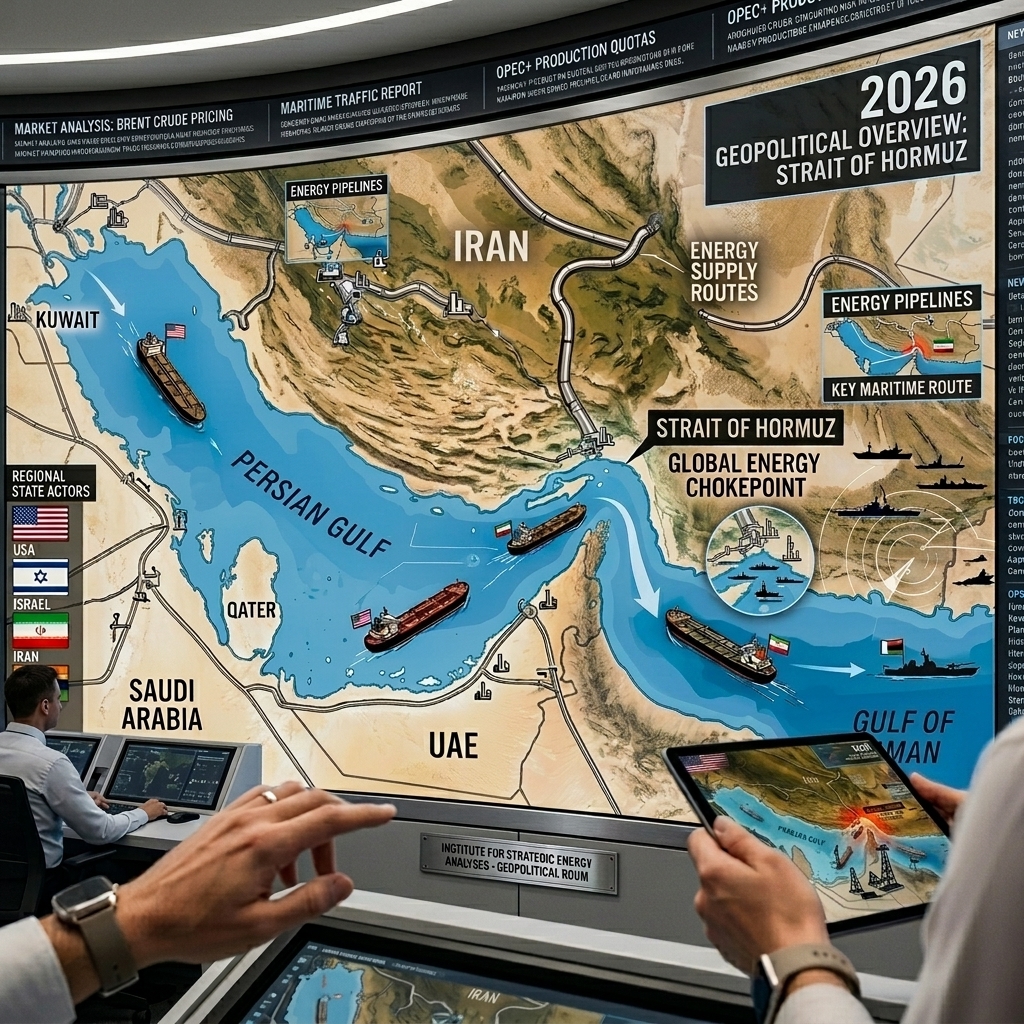 High-resolution image of the Strait of Hormuz, showcasing its strategic importance with detailed visuals of energy supply routes, maritime traffic, and critical chokepoints