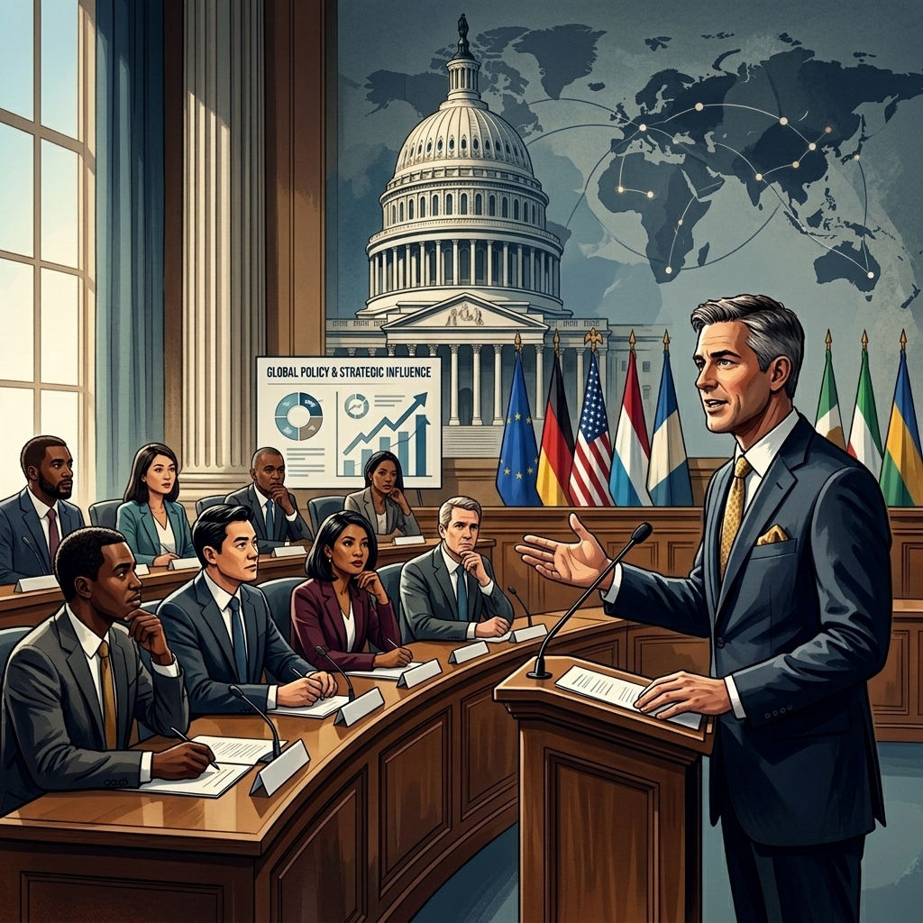 professional diplomat or leader addressing a diverse international committee in a formal government setting, emphasizing global policy, strategic influence, and leadership