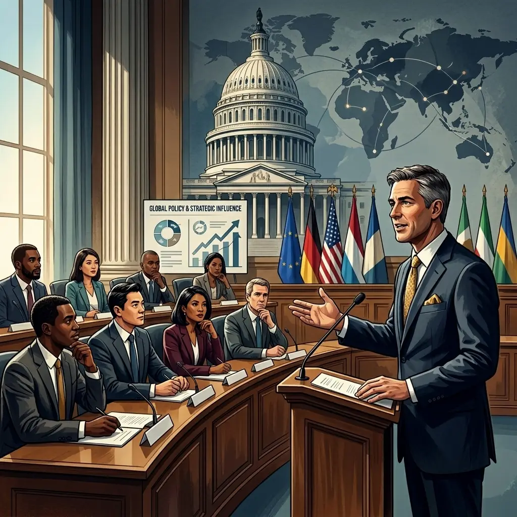 professional diplomat or leader addressing a diverse international committee in a formal government setting, emphasizing global policy, strategic influence, and leadership