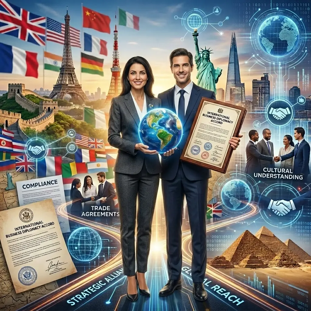 1. **Enhanced International Business Diplomacy**: A professional composite image depicting a businesswoman holding a globe and a diplomatic accord, surrounded by global landmarks, digital icons, and flags, symbolizing international business success. 2. **International Business Diplomacy Duo**: A professional composite image depicting a man and a woman standing together, holding a globe and a diplomatic accord. They are surrounded by iconic world landmarks, digital data overlays, and national flags, symbolizing global business diplomacy.