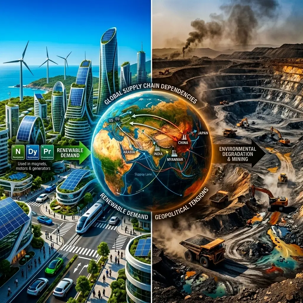 An impactful split-screen image illustrating the challenges of rare earth elements (REEs). The left side showcases a futuristic, sustainable cityscape powered by renewable energy technologies like wind turbines and electric vehicles, symbolizing the demand for REEs. The right side depicts a barren mining landscape with heavy machinery, environmental degradation, and pollution, representing the extraction challenges. At the center, a globe with interconnected supply chains highlights geopolitical tensions and global dependencies. The image uses high contrast to emphasize the stark differences between technological progress and environmental/geopolitical issues