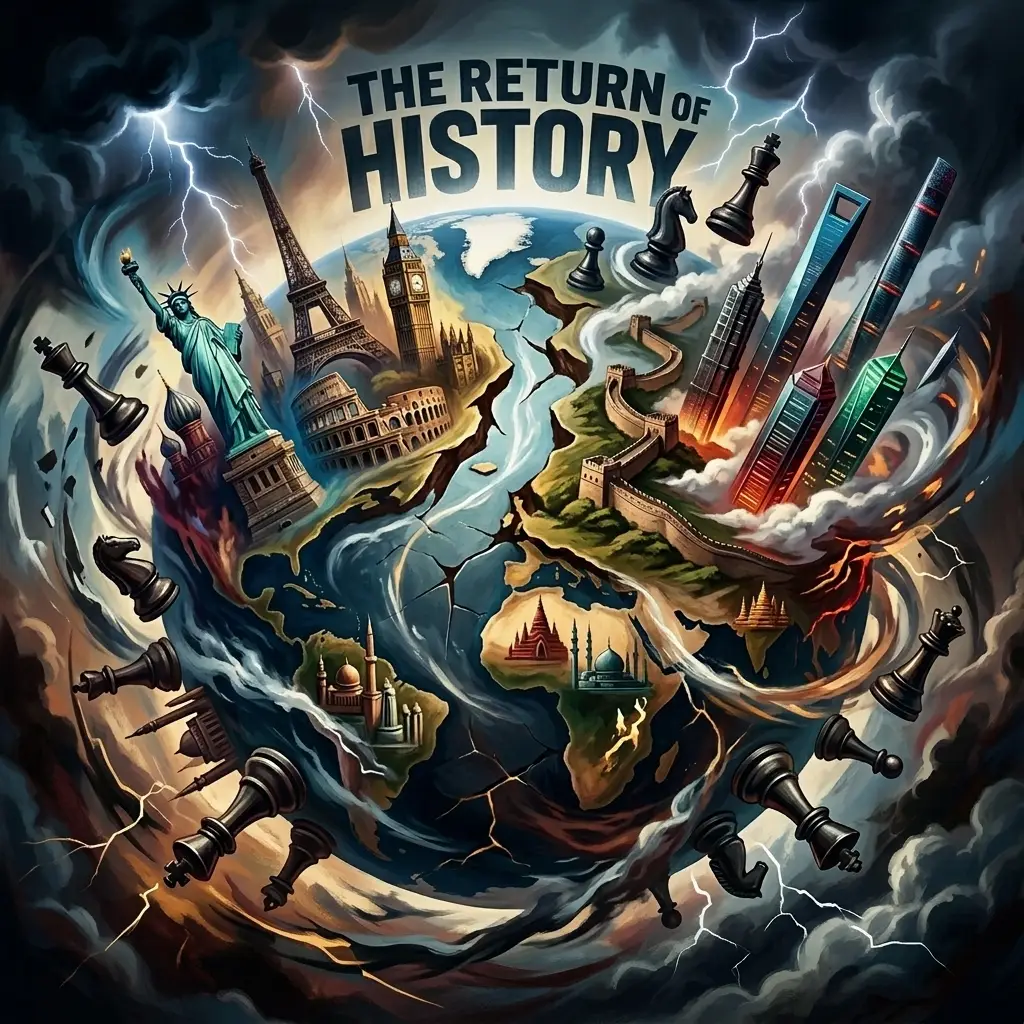 High-contrast illustration of a fractured globe symbolizing Western supremacy, China's rise, geopolitical risks, and the dynamics of a multi-polar world, featuring iconic landmarks and dramatic atmospheric elements.