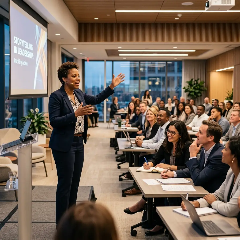 Professional Black female leader passionately sharing a story with a diverse, engaged audience in a modern corporate conference room, emphasizing storytelling as a key leadership skill for connection and inspiration