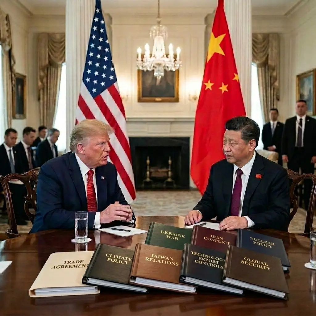A high-stakes diplomatic meeting between US President Donald Trump and Chinese President Xi Jinping. The table is adorned with labeled dossiers including 'Trade Agreements,' 'Climate Policy,' 'Taiwan Relations,' 'Technology Export Controls,' 'Global Security,' 'Nuclear Policy,' 'Iran Conflict,' and 'Ukraine War,' symbolizing critical global issues under discussion. The setting is formal, with national flags in the background, emphasizing the gravity of the meeting